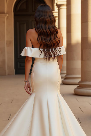 Simple Mermaid Off the Shoulder Court Train Ivory Wedding Dress with Slit